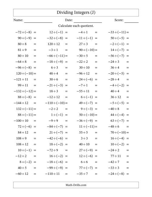 The Dividing Mixed Integers from -12 to 12 (100 Questions) (J) Math Worksheet