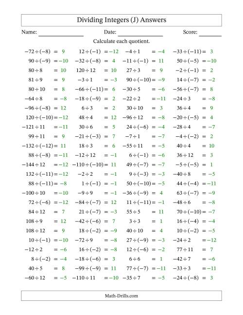 The Dividing Mixed Integers from -12 to 12 (100 Questions) (J) Math Worksheet Page 2