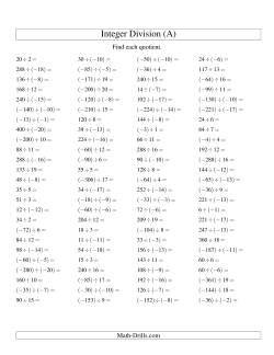 Dividing Integers -- Mixed Signs (Range -20 to 20)