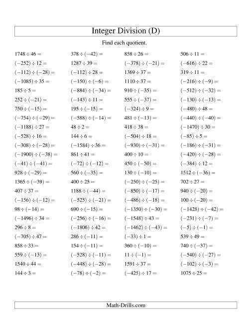 The Dividing Integers -- Mixed Signs (Range -50 to 50) (D) Math Worksheet