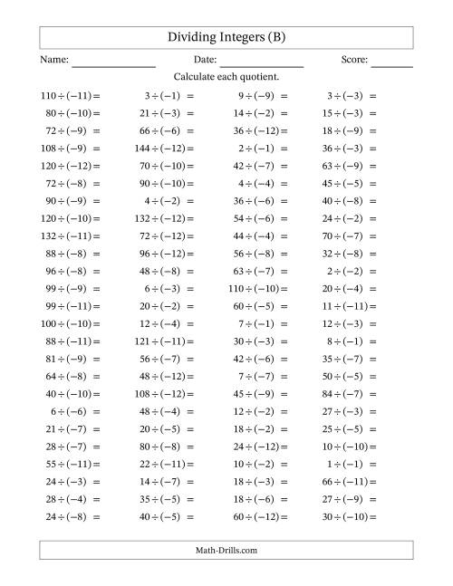 The Dividing Positive by Negative Integers from -12 to 12 (100 Questions) (B) Math Worksheet