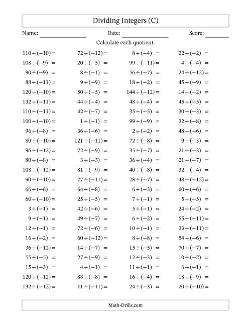 The Dividing Positive by Negative Integers from -12 to 12 (100 Questions) (C) Math Worksheet