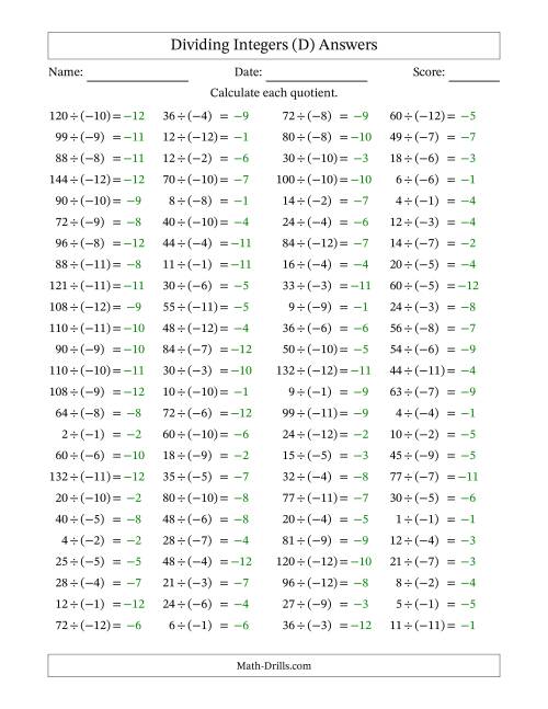 The Dividing Positive by Negative Integers from -12 to 12 (100 Questions) (D) Math Worksheet Page 2