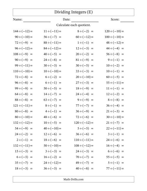 The Dividing Positive by Negative Integers from -12 to 12 (100 Questions) (E) Math Worksheet