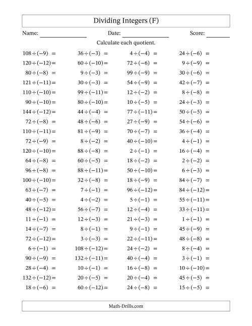 The Dividing Positive by Negative Integers from -12 to 12 (100 Questions) (F) Math Worksheet