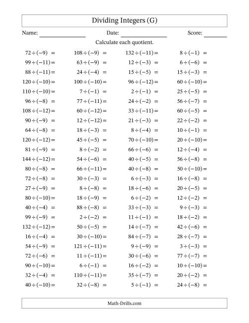 The Dividing Positive by Negative Integers from -12 to 12 (100 Questions) (G) Math Worksheet