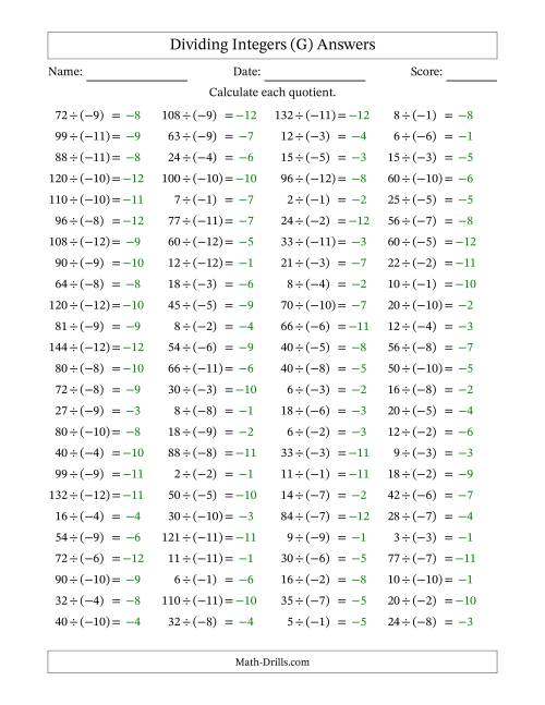 The Dividing Positive by Negative Integers from -12 to 12 (100 Questions) (G) Math Worksheet Page 2
