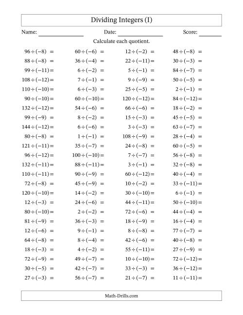 The Dividing Positive by Negative Integers from -12 to 12 (100 Questions) (I) Math Worksheet