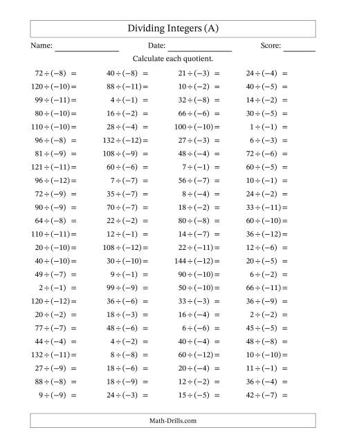 The Dividing Positive by Negative Integers from -12 to 12 (100 Questions) (All) Math Worksheet