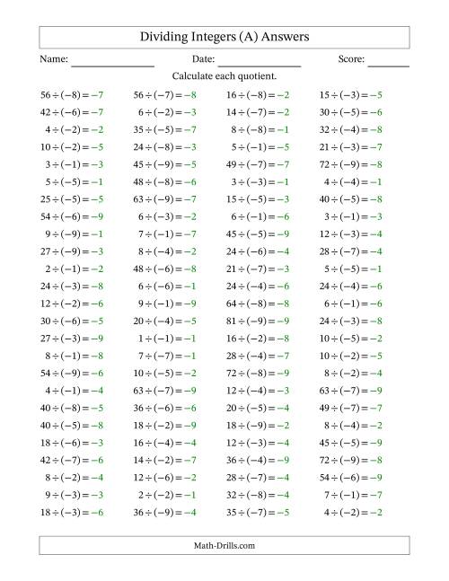 The Dividing Positive by Negative Integers from -9 to 9 (100 Questions) (A) Math Worksheet Page 2