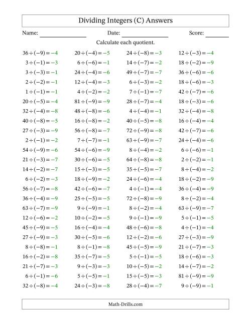 The Dividing Positive by Negative Integers from -9 to 9 (100 Questions) (C) Math Worksheet Page 2