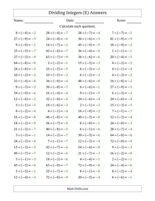 The Dividing Positive by Negative Integers from -9 to 9 (100 Questions) (E) Math Worksheet Page 2