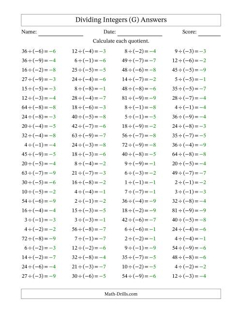 The Dividing Positive by Negative Integers from -9 to 9 (100 Questions) (G) Math Worksheet Page 2