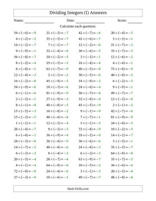 The Dividing Positive by Negative Integers from -9 to 9 (100 Questions) (I) Math Worksheet Page 2