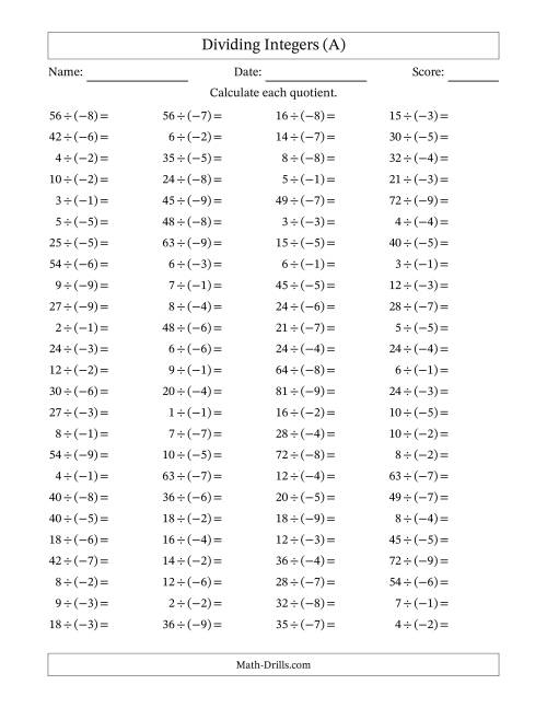 The Dividing Positive by Negative Integers from -9 to 9 (100 Questions) (All) Math Worksheet