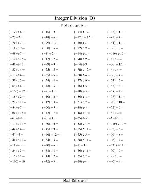 The Dividing Integers -- Negative Divided by a Positive (B) Math Worksheet