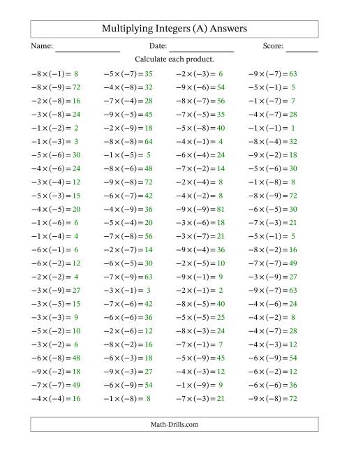 The Multiplying Negative by Negative Integers from -9 to 9 (100 Questions) (A) Math Worksheet Page 2