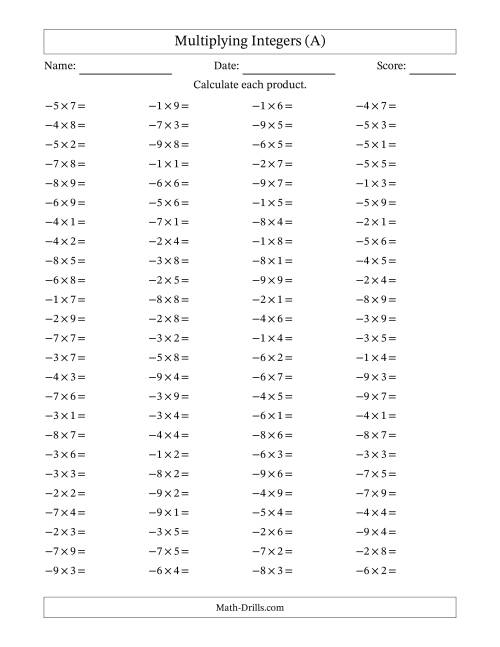 The Multiplying Negative by Positive Integers from -9 to 9 (100 Questions) (All) Math Worksheet