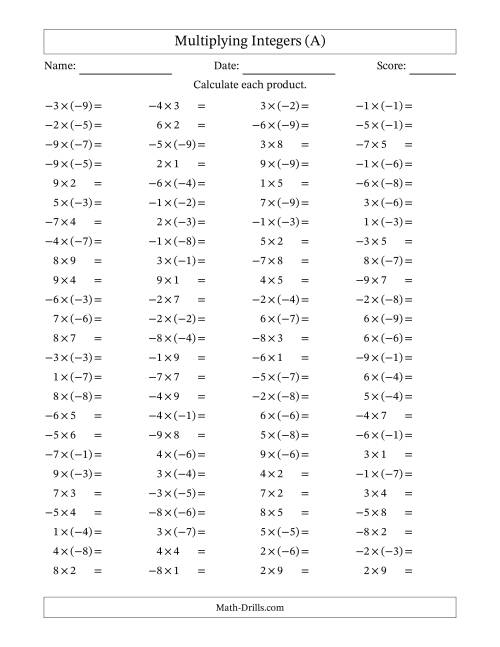 The Multiplying Mixed Integers from -9 to 9 (100 Questions) (A) Math Worksheet