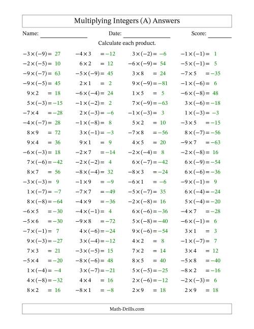 The Multiplying Mixed Integers from -9 to 9 (100 Questions) (A) Math Worksheet Page 2