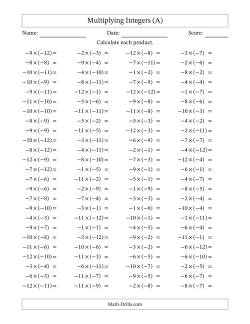 Multiplying Negative by Negative Integers from -12 to 12 (100 Questions)