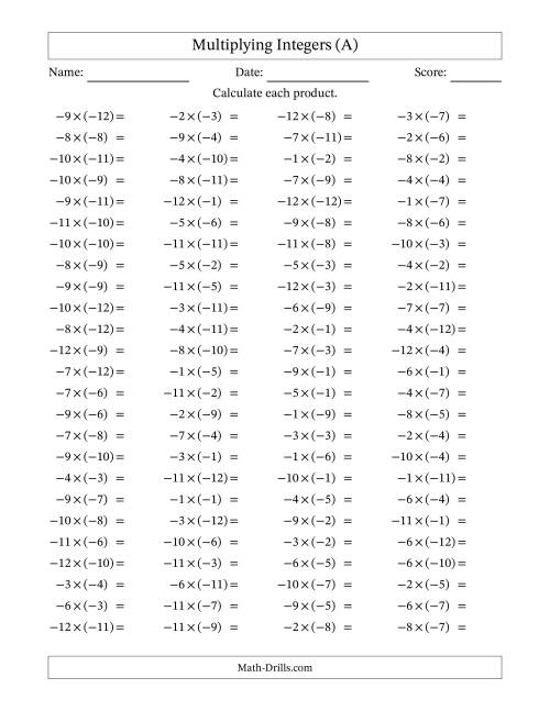 The Multiplying Negative by Negative Integers from -12 to 12 (100 Questions) (A) Math Worksheet