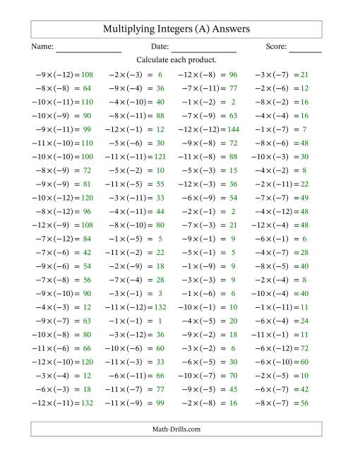 The Multiplying Negative by Negative Integers from -12 to 12 (100 Questions) (A) Math Worksheet Page 2