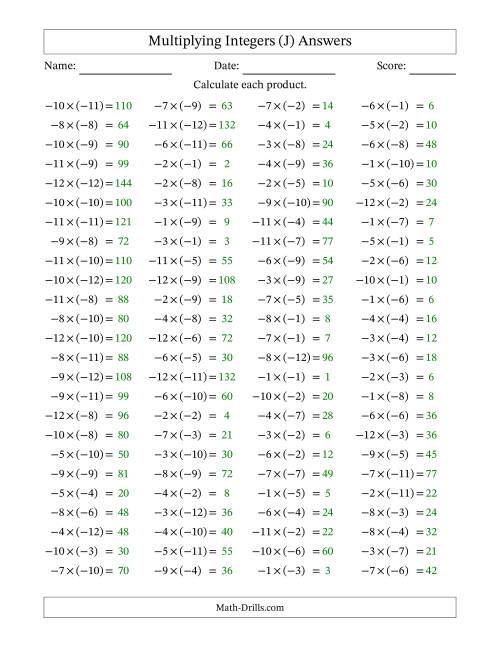 The Multiplying Negative by Negative Integers from -12 to 12 (100 Questions) (J) Math Worksheet Page 2