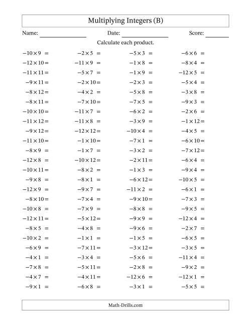 The Multiplying Negative by Positive Integers from -12 to 12 (100 Questions) (B) Math Worksheet