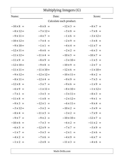 The Multiplying Negative by Positive Integers from -12 to 12 (100 Questions) (G) Math Worksheet