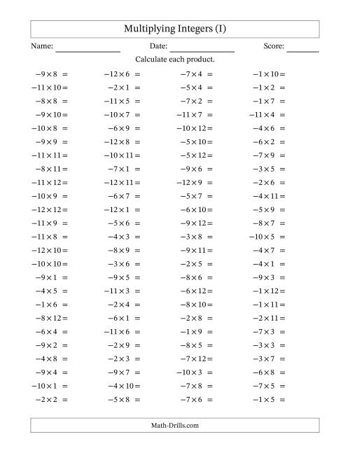 The Multiplying Negative by Positive Integers from -12 to 12 (100 Questions) (I) Math Worksheet