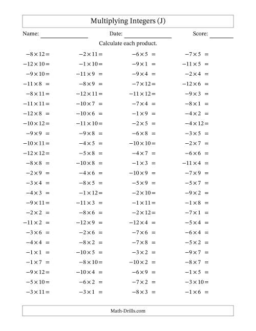 The Multiplying Negative by Positive Integers from -12 to 12 (100 Questions) (J) Math Worksheet
