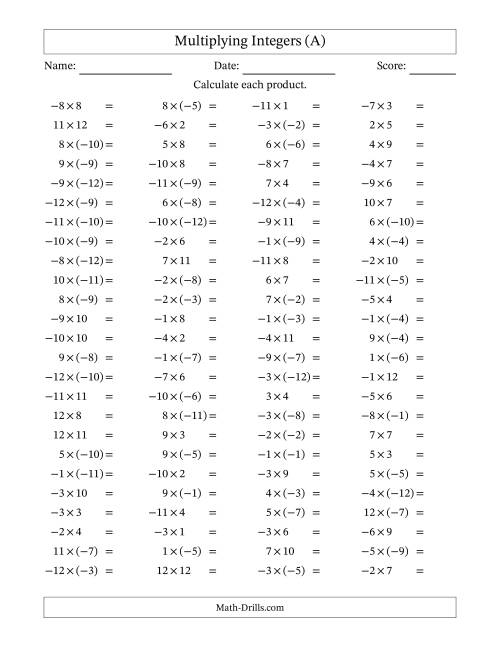 The Multiplying Mixed Integers from -12 to 12 (100 Questions) (A) Math Worksheet