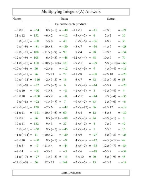 The Multiplying Mixed Integers from -12 to 12 (100 Questions) (A) Math Worksheet Page 2