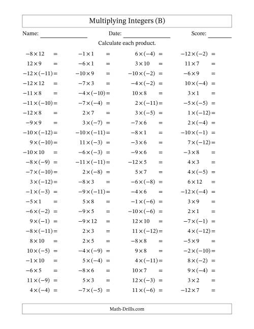 Multiplying Integers -- Mixed Signs (Range -12 to 12) (B)