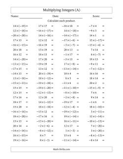 Multiplying Mixed Integers from -20 to 20 (100 Questions)