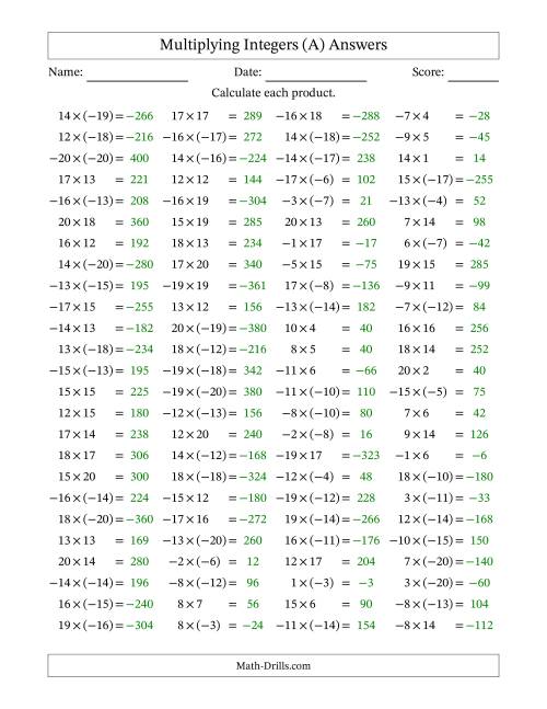 The Multiplying Mixed Integers from -20 to 20 (100 Questions) (A) Math Worksheet Page 2