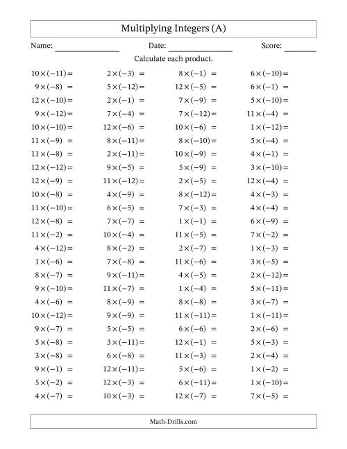 The Multiplying Positive by Negative Integers from -12 to 12 (100 Questions) (A) Math Worksheet
