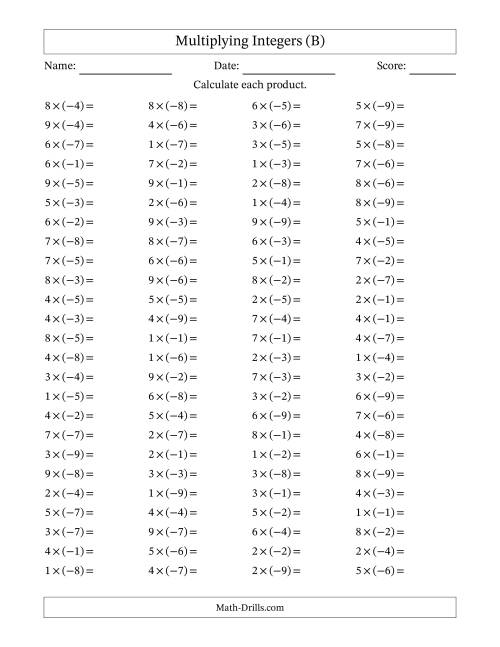 The Multiplying Positive by Negative Integers from -9 to 9 (100 Questions) (B) Math Worksheet