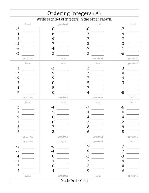The Ordering Integers (Range -9 to 9) (All) Math Worksheet