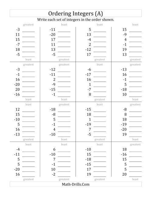 The Ordering Integers (Range -20 to 20) (A) Math Worksheet