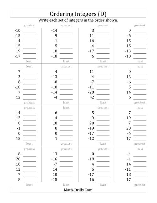 The Ordering Integers (Range -20 to 20) (D) Math Worksheet