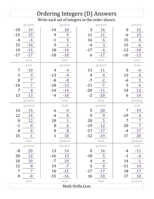 The Ordering Integers (Range -20 to 20) (D) Math Worksheet Page 2