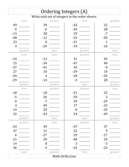 The Ordering Integers (Range -50 to 50) (A) Math Worksheet