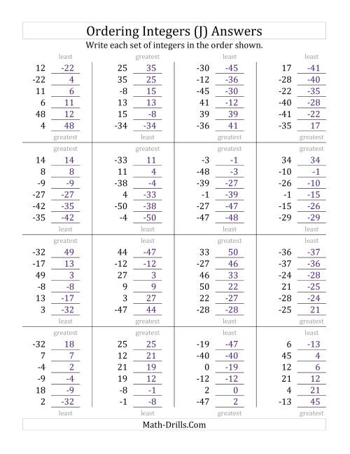 The Ordering Integers (Range -50 to 50) (J) Math Worksheet Page 2