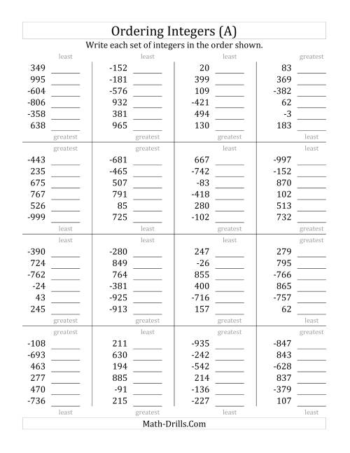 The Ordering Integers (Range -999 to 999) (A) Math Worksheet