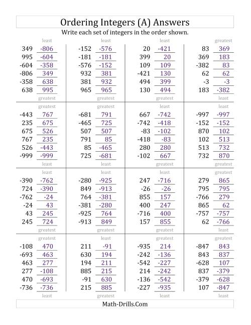 The Ordering Integers (Range -999 to 999) (A) Math Worksheet Page 2