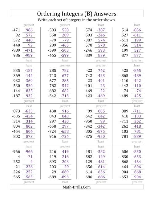 Ordering Integers (Range -999 to 999) (B)