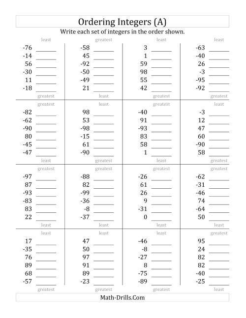 The Ordering Integers (Range -99 to 99) (A) Math Worksheet