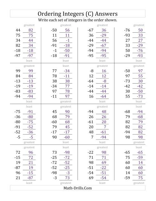 The Ordering Integers (Range -99 to 99) (C) Math Worksheet Page 2